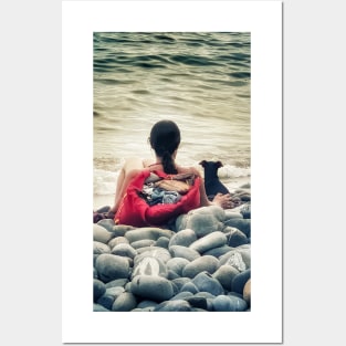 Woman Dog Sea Stones Beach Italy Posters and Art